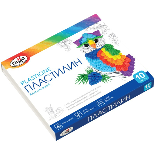 Пластилін Класичний, 10 кольорів, вага 200 г, у картонній упаковці зі стеком. 281032