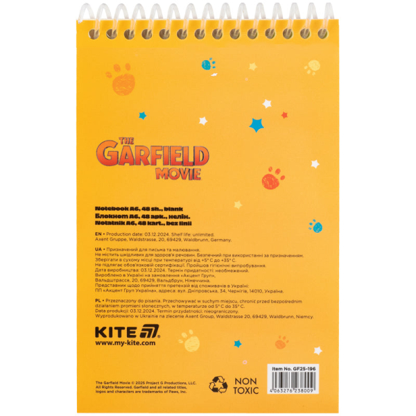 Блокнот на спіралі Kite Garfield GF25-196, А6, 48 аркушів, нелінований - фото 2