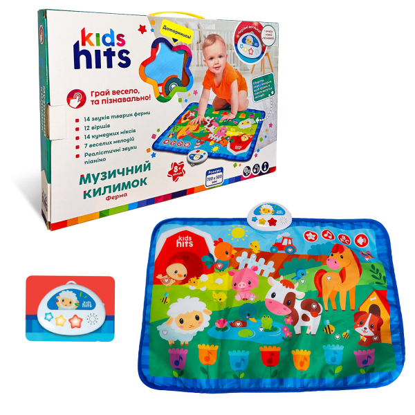 Килимок муз. Kids Hits арт. KH04-002 (24шт) Ферма, батар. у комплекті, звуки та назви тварин, вірші, мелодіі, р-р килимка 70*50см, короб. 38*26*4см