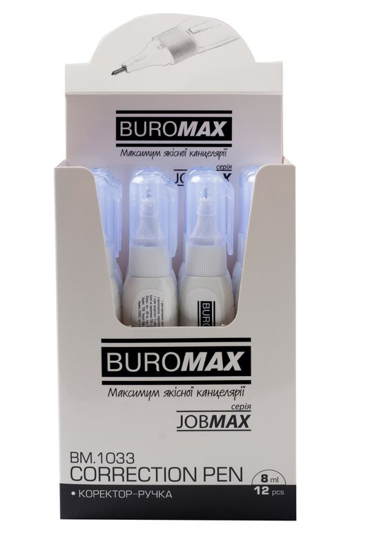 Коректор-ручка, 8 мл, Jobmax, спиртова основа, металевий наконечник BUROMAX BM.1033