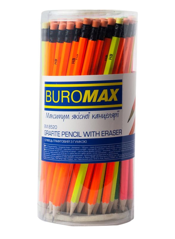 Олівець графітовий Buromax Neon НВ з гумкою неоновий корпус (BM.8520)