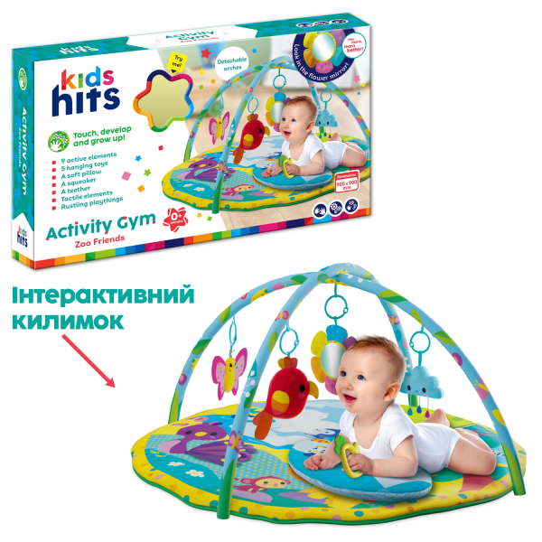 Килимок для малюків Kids Hits KH06/006 (6шт) тактильні елементи, дзеркало, яскраві стрічки, підвісні іграшки, р-р 88*88*48 см, короб.59*34, 5*10 см