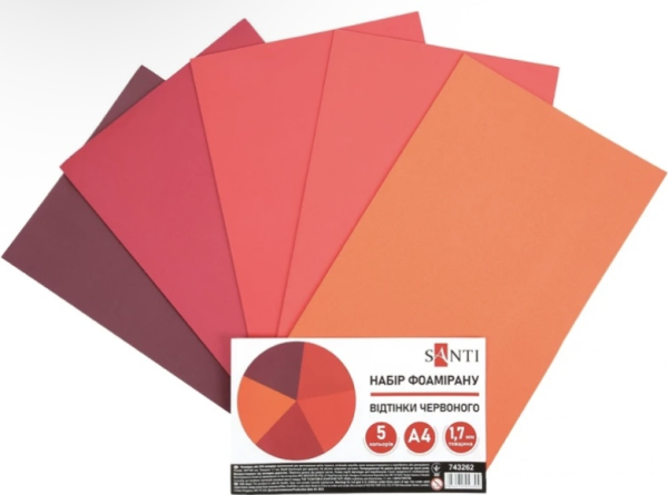 Набір кольорового фоамірану 5 кольорів, відтінки червоного, 1,7 мм, формат А4 - фото 1