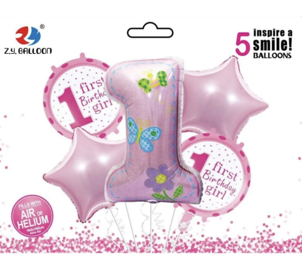 Набір фольгованих кульок «First Birthday - Girl», 5 шт. (1×80 см + 4×45 см) - фото 1