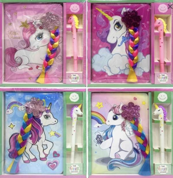 Блокнот 14×21 см, 80 арк., екошкіра + гелева ручка «Єдиноріг з косичкою», у коробці - фото 1