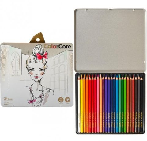 Олівці кольорові для малювання ColorCore набір 24 кольори круглі в металевому пеналі.