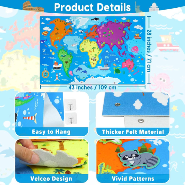 Плакат ігровий фетровий "Мапа світу", розмір: 101х65 см, липучки, гачки на стіну, в пакеті, інтерактивний плакат для малюків HG73104 - фото 1